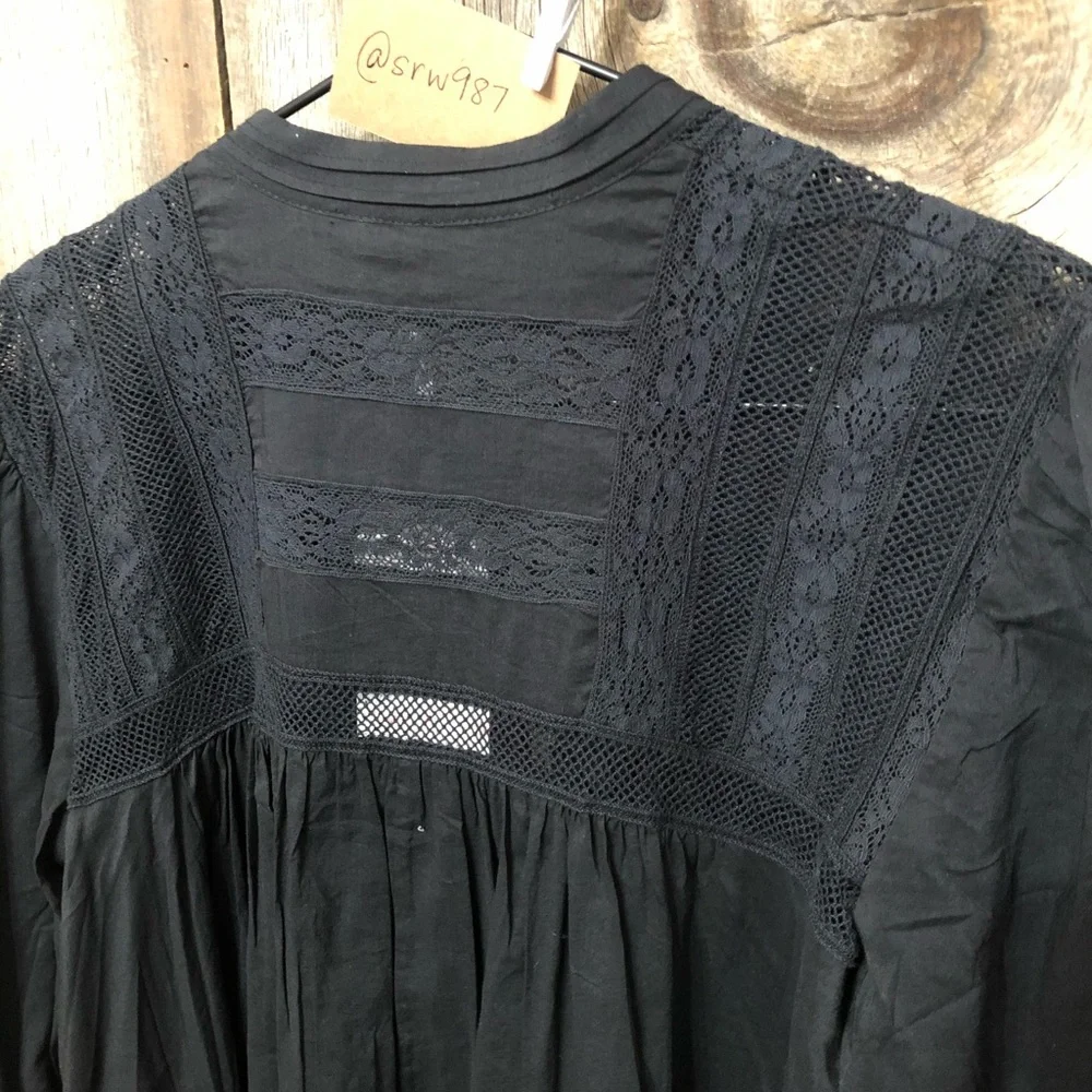 Free People Esme Lace Trim Blouse in Black Size Small